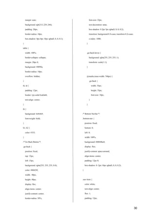 30
margin: auto;
background: rgb(215, 229, 244);
padding: 20px;
border-radius: 10px;
box-shadow: 0px 0px 10px rgba(0, 0, 0, 0.1);
font-size: 22px;
text-decoration: none;
box-shadow: 0 2px 5px rgba(0, 0, 0, 0.2);
transition: background 0.3s ease, transform 0.2s ease;
z-index: 1000;
}
table {
width: 100%;
border-collapse: collapse;
margin: 20px 0;
background: #f8f9fa;
border-radius: 10px;
overflow: hidden;
}
th, td {
padding: 12px;
border: 1px solid #cdcbd4;
text-align: center;
}
th {
background: #e9e9e9;
font-weight: bold;
}
h1, h2 {
color: #333;
}
/* Go Back Button */
.go-back {
position: fixed;
top: 15px;
left: 15px;
background: rgba(255, 255, 255, 0.8);
color: #00429f;
width: 40px;
height: 40px;
display: flex;
align-items: center;
justify-content: center;
border-radius: 50%;
}
.go-back:hover {
background: rgba(255, 255, 255, 1);
transform: scale(1.1);
}
@media (max-width: 768px) {
.go-back {
width: 35px;
height: 35px;
font-size: 18px;
}
}
/* Bottom Navbar */
.bottom-nav {
position: fixed;
bottom: 0;
left: 0;
width: 100%;
background: #000f4be8;
display: flex;
justify-content: space-around;
align-items: center;
padding: 12px 0;
box-shadow: 0 -2px 10px rgba(0, 0, 0, 0.2);
}
.nav-item {
color: white;
text-align: center;
flex: 1;
padding: 12px;
 