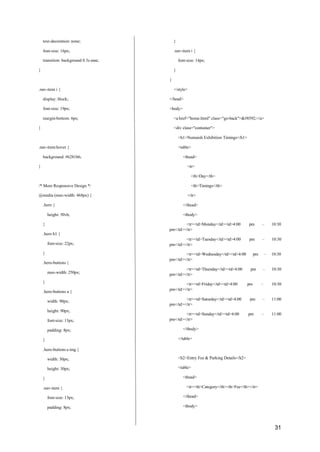 31
text-decoration: none;
font-size: 16px;
transition: background 0.3s ease;
}
}
.nav-item i {
font-size: 14px;
}
}
.nav-item i {
display: block;
font-size: 19px;
margin-bottom: 6px;
}
.nav-item:hover {
background: #6281b6;
}
/* More Responsive Design */
@media (max-width: 468px) {
.hero {
height: 50vh;
}
.hero h1 {
font-size: 22px;
}
.hero-buttons {
max-width: 250px;
}
.hero-buttons a {
width: 90px;
height: 90px;
font-size: 13px;
padding: 8px;
}
.hero-buttons a img {
width: 30px;
height: 30px;
}
.nav-item {
font-size: 13px;
padding: 8px;
</style>
</head>
<body>
<a href="home.html" class="go-back">←</a>
<div class="container">
<h1>Numaish Exhibition Timings</h1>
<table>
<thead>
<tr>
<th>Day</th>
<th>Timings</th>
</tr>
</thead>
<tbody>
<tr><td>Monday</td><td>4:00 pm – 10:30
pm</td></tr>
<tr><td>Tuesday</td><td>4:00 pm – 10:30
pm</td></tr>
<tr><td>Wednesday</td><td>4:00 pm – 10:30
pm</td></tr>
<tr><td>Thursday</td><td>4:00 pm – 10:30
pm</td></tr>
<tr><td>Friday</td><td>4:00 pm – 10:30
pm</td></tr>
<tr><td>Saturday</td><td>4:00 pm – 11:00
pm</td></tr>
<tr><td>Sunday</td><td>4:00 pm – 11:00
pm</td></tr>
</tbody>
</table>
<h2>Entry Fee & Parking Details</h2>
<table>
<thead>
<tr><th>Category</th><th>Fee</th></tr>
</thead>
<tbody>
 