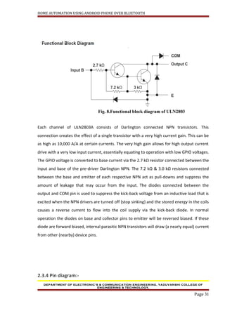 HOME AUTOMATION USING ANDROID PHONE OVER BLUETOOTH
Fig. 8.Functional block diagram of ULN2803
Each channel of ULN2803A consists of Darlington connected NPN transistors. This
connection creates the effect of a single transistor with a very high current gain. This can be
as high as 10,000 A/A at certain currents. The very high gain allows for high output current
drive with a very low input current, essentially equating to operation with low GPIO voltages.
The GPIO voltage is converted to base current via the 2.7 kΩ resistor connected between the
input and base of the pre-driver Darlington NPN. The 7.2 kΩ & 3.0 kΩ resistors connected
between the base and emitter of each respective NPN act as pull-downs and suppress the
amount of leakage that may occur from the input. The diodes connected between the
output and COM pin is used to suppress the kick-back voltage from an inductive load that is
excited when the NPN drivers are turned off (stop sinking) and the stored energy in the coils
causes a reverse current to flow into the coil supply via the kick-back diode. In normal
operation the diodes on base and collector pins to emitter will be reversed biased. If these
diode are forward biased, internal parasitic NPN transistors will draw (a nearly equal) current
from other (nearby) device pins.
2.3.4 Pin diagram:-
DEPARTMENT OF ELECTRONIC’S & COMMUNICATION ENGINEERING, YADUVANSHI COLLEGE OF
ENGINEERING & TECHNOLOGY,
Page 31
 