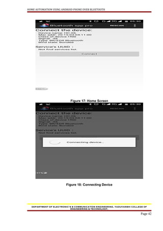 HOME AUTOMATION USING ANDROID PHONE OVER BLUETOOTH
Figure 17: Home Screen
Figure 18: Connecting Device
DEPARTMENT OF ELECTRONIC’S & COMMUNICATION ENGINEERING, YADUVANSHI COLLEGE OF
ENGINEERING & TECHNOLOGY,
Page 42
 