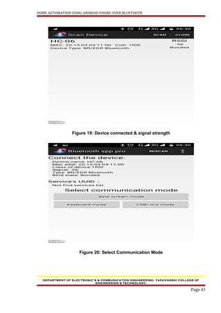 HOME AUTOMATION USING ANDROID PHONE OVER BLUETOOTH
Figure 19: Device connected & signal strength
Figure 20: Select Communication Mode
DEPARTMENT OF ELECTRONIC’S & COMMUNICATION ENGINEERING, YADUVANSHI COLLEGE OF
ENGINEERING & TECHNOLOGY,
Page 43
 