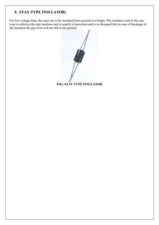 5. STAY TYPE INSULATOR:
For low voltage lines, the stays are to be insulated from ground at a height. The insulator used in the stay
wire is called as the stay insulator and is usually of porcelain and is so designed that in case of breakage of
the insulator the guy-wire will not fall to the ground.
FIG: STAY TYPE INSULATOR
 