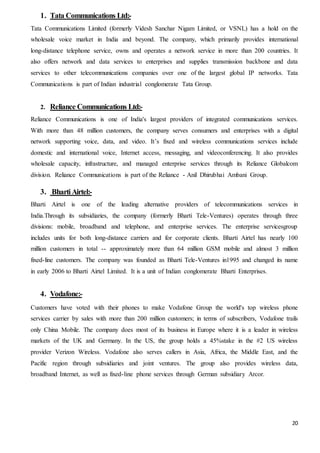 20
1. Tata Communications Ltd:-
Tata Communications Limited (formerly Videsh Sanchar Nigam Limited, or VSNL) has a hold on the
wholesale voice market in India and beyond. The company, which primarily provides international
long-distance telephone service, owns and operates a network service in more than 200 countries. It
also offers network and data services to enterprises and supplies transmission backbone and data
services to other telecommunications companies over one of the largest global IP networks. Tata
Communications is part of Indian industrial conglomerate Tata Group.
2. Reliance Communications Ltd:-
Reliance Communications is one of India's largest providers of integrated communications services.
With more than 48 million customers, the company serves consumers and enterprises with a digital
network supporting voice, data, and video. It’s fixed and wireless communications services include
domestic and international voice, Internet access, messaging, and videoconferencing. It also provides
wholesale capacity, infrastructure, and managed enterprise services through its Reliance Globalcom
division. Reliance Communications is part of the Reliance - Anil Dhirubhai Ambani Group.
3. BhartiAirtel:-
Bharti Airtel is one of the leading alternative providers of telecommunications services in
India.Through its subsidiaries, the company (formerly Bharti Tele-Ventures) operates through three
divisions: mobile, broadband and telephone, and enterprise services. The enterprise servicesgroup
includes units for both long-distance carriers and for corporate clients. Bharti Airtel has nearly 100
million customers in total -- approximately more than 64 million GSM mobile and almost 3 million
fixed-line customers. The company was founded as Bharti Tele-Ventures in1995 and changed its name
in early 2006 to Bharti Airtel Limited. It is a unit of Indian conglomerate Bharti Enterprises.
4. Vodafone:-
Customers have voted with their phones to make Vodafone Group the world's top wireless phone
services carrier by sales with more than 200 million customers; in terms of subscribers, Vodafone trails
only China Mobile. The company does most of its business in Europe where it is a leader in wireless
markets of the UK and Germany. In the US, the group holds a 45%stake in the #2 US wireless
provider Verizon Wireless. Vodafone also serves callers in Asia, Africa, the Middle East, and the
Pacific region through subsidiaries and joint ventures. The group also provides wireless data,
broadband Internet, as well as fixed-line phone services through German subsidiary Arcor.
 