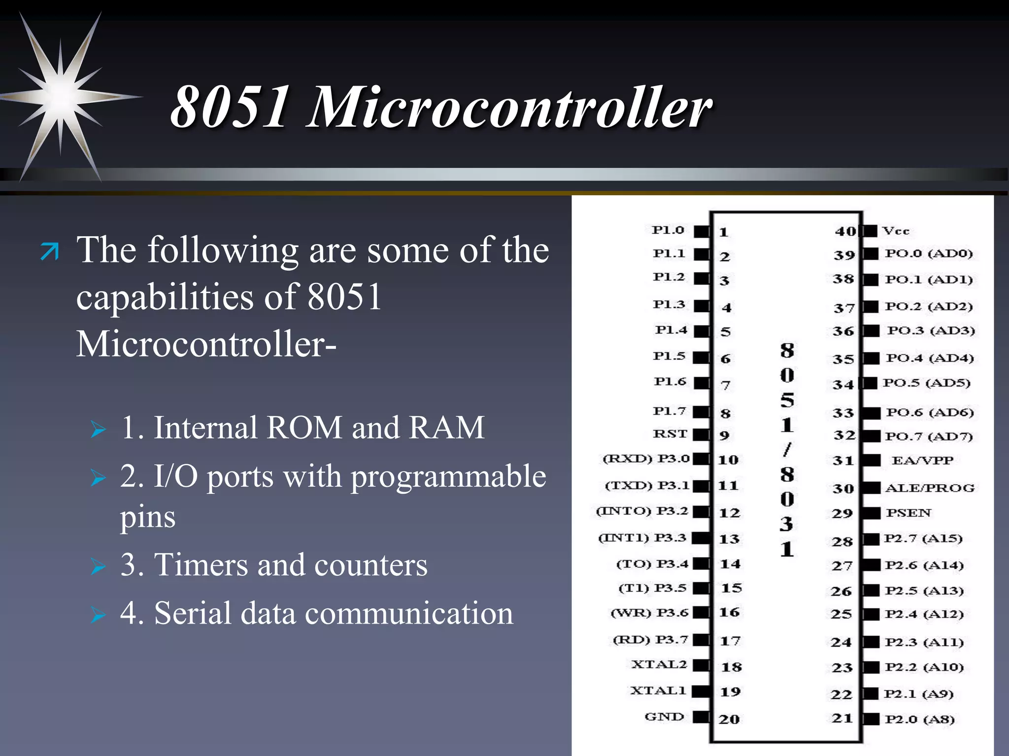 8051 Microcontroller


The following are some of the
capabilities of 8051
Microcontroller




1. Internal ROM and RAM
2. I/O ports with programmable
pins
3. Timers and counters
4. Serial data communication

 