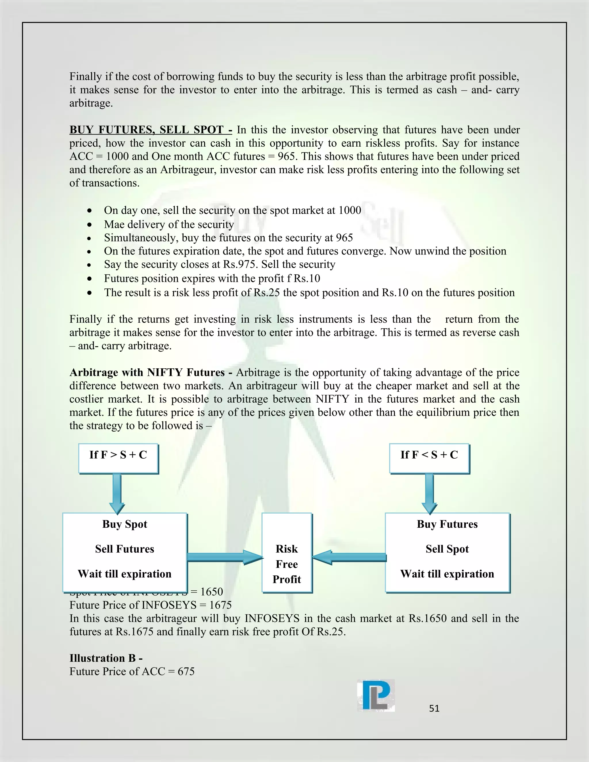 Finally if the cost of borrowing funds to buy the security is less than the arbitrage profit possible,
it makes sense for the investor to enter into the arbitrage. This is termed as cash – and- carry
arbitrage.

BUY FUTURES, SELL SPOT - In this the investor observing that futures have been under
priced, how the investor can cash in this opportunity to earn riskless profits. Say for instance
ACC = 1000 and One month ACC futures = 965. This shows that futures have been under priced
and therefore as an Arbitrageur, investor can make risk less profits entering into the following set
of transactions.

   •    On day one, sell the security on the spot market at 1000
   •    Mae delivery of the security
   •    Simultaneously, buy the futures on the security at 965
   •    On the futures expiration date, the spot and futures converge. Now unwind the position
   •    Say the security closes at Rs.975. Sell the security
   •    Futures position expires with the profit f Rs.10
   •    The result is a risk less profit of Rs.25 the spot position and Rs.10 on the futures position

Finally if the returns get investing in risk less instruments is less than the return from the
arbitrage it makes sense for the investor to enter into the arbitrage. This is termed as reverse cash
– and- carry arbitrage.

Arbitrage with NIFTY Futures - Arbitrage is the opportunity of taking advantage of the price
difference between two markets. An arbitrageur will buy at the cheaper market and sell at the
costlier market. It is possible to arbitrage between NIFTY in the futures market and the cash
market. If the futures price is any of the prices given below other than the equilibrium price then
the strategy to be followed is –

    If F > S + C                                                           If F < S + C




        Buy Spot                                                              Buy Futures

       Sell Futures                           Risk                              Sell Spot
                                              Free
  Wait till expiration
Illustration A -                              Profit               Wait till expiration
Spot Price of INFOSEYS = 1650
Future Price of INFOSEYS = 1675
In this case the arbitrageur will buy INFOSEYS in the cash market at Rs.1650 and sell in the
futures at Rs.1675 and finally earn risk free profit Of Rs.25.

Illustration B -
Future Price of ACC = 675


                                                                                 51
 