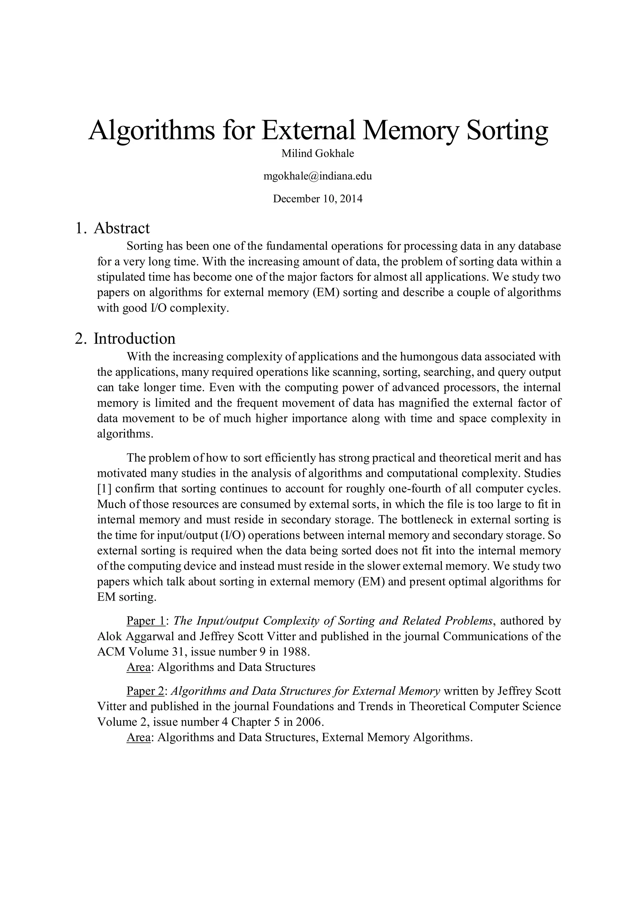 Algorithms for External Memory Sorting | PDF