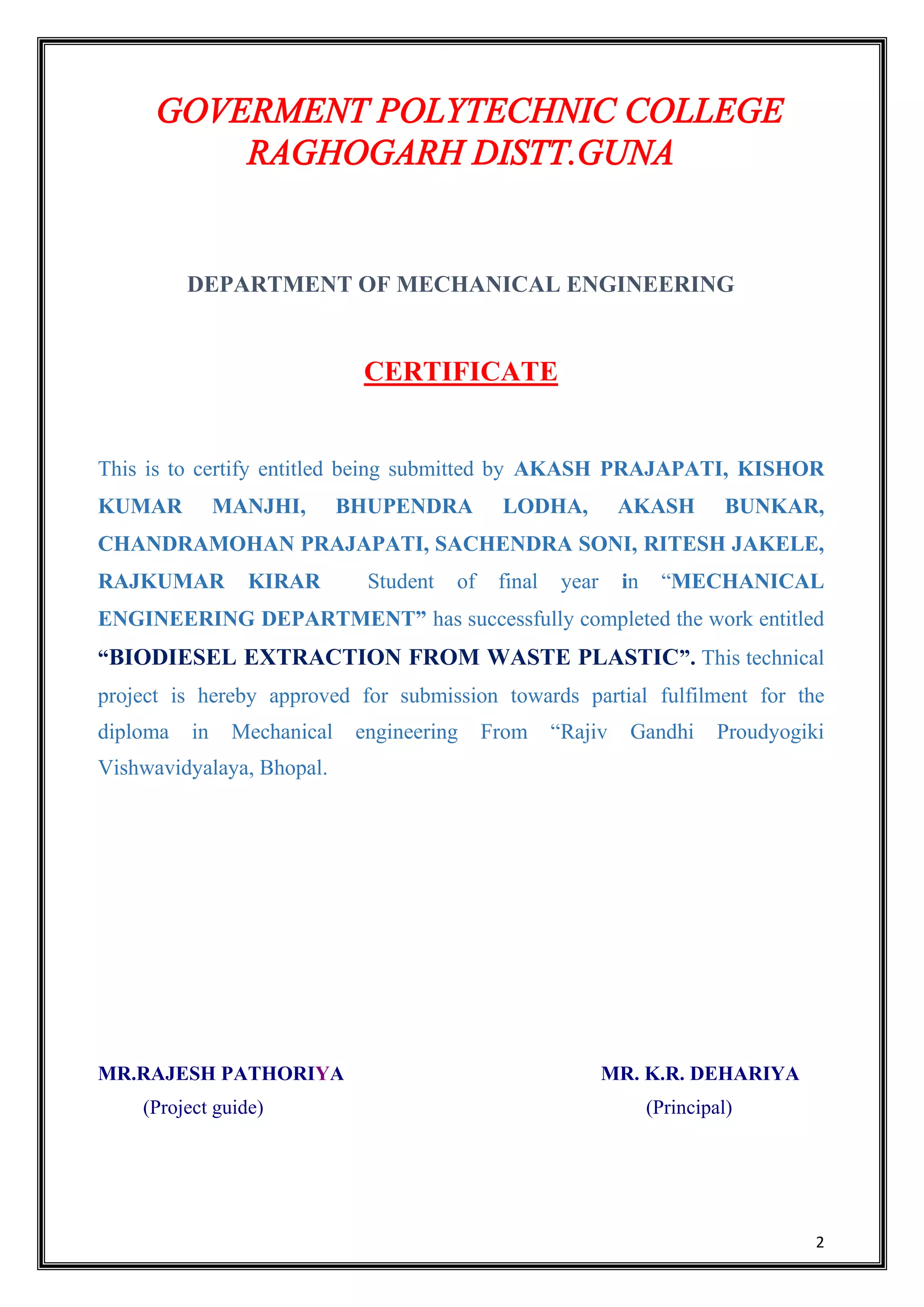 Project report of (biodiesel extraction from waste plastic) | PDF