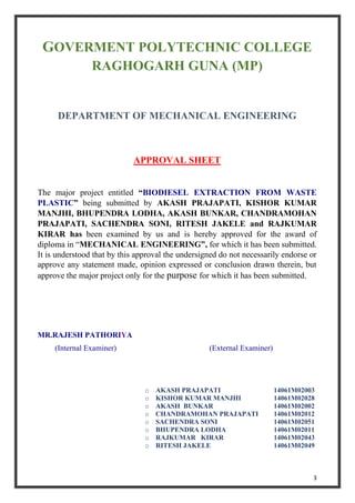 Project report of (biodiesel extraction from waste plastic) | PDF