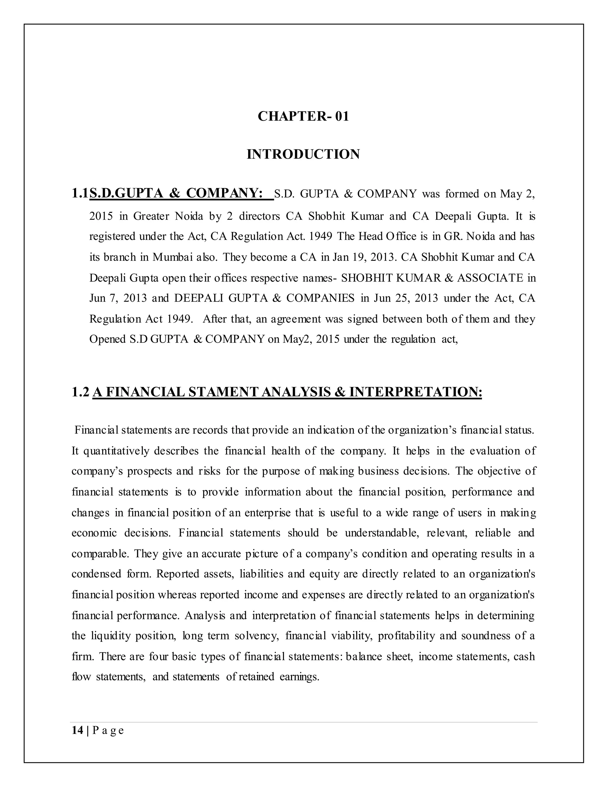 Project report on Financial Statement Analysis and interpretation of A ...