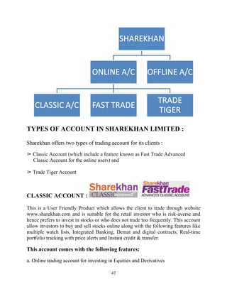 TYPES OF ACCOUNT IN SHAREKHAN LIMITED :

Sharekhan offers two types of trading account for its clients :

➢ Classic Accoun...