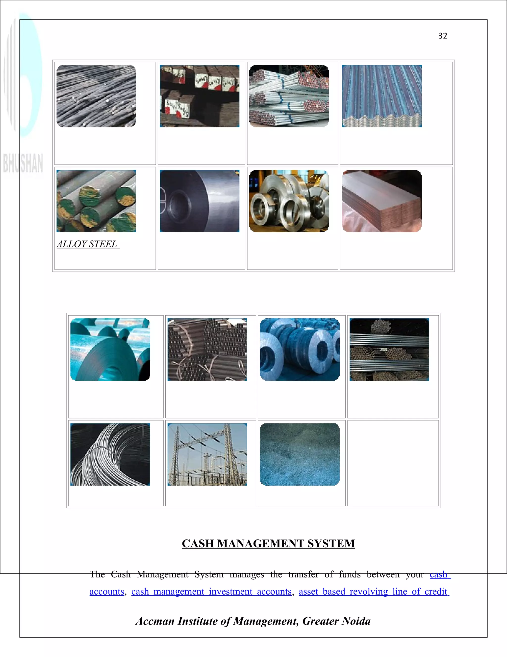 32




TOR STEEL             STEEL BILLETS       GI PIPES             GP CORRUGATED
                                                               SHEETS




ALLOY STEEL           CR COILS            NARROW CR COILS CR SHEETS
ROUNDS




  GP COILS / SHEETS    PRECISION TUBES      CABLE TAPES          BLACK PIPE
                       (ERW and CEW)




  WIRE RODS            POWER



                          CASH MANAGEMENT SYSTEM

     The Cash Management System manages the transfer of funds between your cash
     accounts, cash management investment accounts, asset based revolving line of credit


               Accman Institute of Management, Greater Noida
 