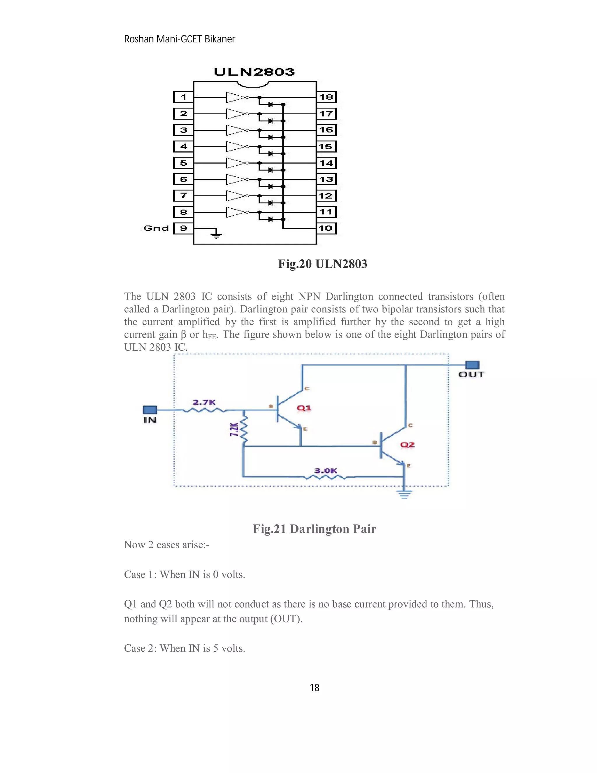 Roshan Mani-GCET Bikaner
18
Fig.20 ULN2803
The ULN 2803 IC consists of eight NPN Darlington connected transistors (often
called a Darlington pair). Darlington pair consists of two bipolar transistors such that
the current amplified by the first is amplified further by the second to get a high
current gain β or hFE. The figure shown below is one of the eight Darlington pairs of
ULN 2803 IC.
Fig.21 Darlington Pair
Now 2 cases arise:-
Case 1: When IN is 0 volts.
Q1 and Q2 both will not conduct as there is no base current provided to them. Thus,
nothing will appear at the output (OUT).
Case 2: When IN is 5 volts.
 
