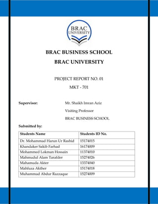 PROJECT REPORT OF PRINCIPLES OF MARKETING (MKT-701)
Business Plan of a Boutique Shop Boutique Gallery Page 1
BRAC BUSINESS SCHOOL
BRAC UNIVERSITY
PROJECT REPORT NO. 01
MKT - 701
Supervisor: Mr. Shaikh Imran Aziz
Visiting Professor
BRAC BUSINESS SCHOOL
Submitted by:
Students Name Students ID No.
Dr. Mohammad Harun Ur Rashid 15174015
Khandaker Sakib Farhad 16174009
Mohammed Lokman Hossain 11374010
Mahmudul Alam Tarafder 15274026
Mahamuda Akter 13374040
Mahfuza Akther 15174018
Muhammad Abdur Razzaque 15274009
 