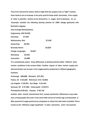 Thus if the demand for certain skills is high while the supply is low (a "tight" market),
there tends to be an increase in the price paid for these skills. Conversely, if the supply
of labor is plentiful, relative to the demand for it, wages tend to decrease. As an
7example, consider the following starting salaries for 1990 college graduates with
Bachelor's degrees:
Area Average Starting Salary
Engineering USD 35,202
Chemistry 27,494
Mathematics, Stat 27,032
Accounting 26,391
Business Admin 23,529
Foreign Languages 23,607
Marketing 23,543
Journalism 19,488
To a considerable extent, these differences in starting salaries reflect different labor
market conditions in the various fields. Another impact of labor market supply and
demand factors can be seen in the wages paid by companies in different geographic
locations.
Anchorage $48,588 Memphis $37,491
Fresno, CA $ 43,200 Richmond, VA $ 42,802
Los Angeles $ 49,301 San Diego $ 51,441
Syracuse, NY $ 37,966 Indianapolis $ 39,671
Philadelphia $ 50,411 Houston $ 40,741
Another labor market phenomenon that causes substantial differences in pay rates,
even among people who work in the same field and are of similar age and education, is
8the payment of wage premiums by employers to attract the best talent available. This is
known as the "efficiency wage hypothesis" in labor economics, and it has received
 
