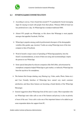 Customer Satisfaction towards WhatsApp
Golden Jubilee Institute of Business Administration 54
6.1 FINDINGS&RECOMMENDATION
 According to survey, I have found that around 87.7% peopleprefer Social messaging
Apps for staying in touch with people from their phone. Whereas SMS & Email are
less preferred now a day. So WhatsApp has overtaken traditional SMS.
 Almost 95% people use WhatsApp, so this shows that Whatsapp is most popular
amongst chat appslike Facebook, WeChat.
 WhatsApp is popular among youth & professionals disrespect of the demographic
variables (like gender, age, income); Youths are using WhatsApp most of the time
compare to that of Facebook.
 Word of mouth is major source of spreading of WhatsApp popularity, here the
friend’s recommendations, as most of them are using and recommendingit; inspire
the person to use WhatsApp.
 Some special data-plans by telecom companies (like DoCoMo), advertisement by
smartphone companies helped WhatsApp to gain market, so indirectly WhatsApp has
been the top driver for smartphone.
 The features like Groups chatting, easy Sharing (e.g. Video, audio, Photo, Status etc.)
and User Friendly Interface of WhatsApp have earned very much customer
satisfaction, and these three features are becoming a brand identity of the WhatsApp
Messenger.
 General suggestion about WhatsApp from all the users is same. Most respondent who
use WhatsApp want video calls as one of the features and privacy is also on priority
of most of the user. Voice calls is also one of the important feature to be added as per
some respondent &also the support from PC.
 