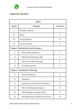 Customer Satisfaction towards WhatsApp
Golden Jubilee Institute of Business Administration 6
TABLE OF CONTENT
INDEX
SR NO. Particular PAGE NO.
I Candidate’s Statement I
II Preface II
III Acknowledgement III
IV Executive summery IV
Chapter1 : Introduction to Social Messengers
1.1 What is Mobile Application 2
1.2 Different Social Messenger Apps 3
1.3 The Future of Mobile Messaging 6
1.4 Social Messenger War 8
Chapter 2 : Introduction to WhatsApp
2.1 About the WhatsApp 11
2.2 Background 13
2.3 Acquisition: A $19 billion bet by Facebook 15
2.4 Why Use WhatsApp (Advantages) 16
2.5 Why WhatsApp is so popular in India 17
2.6 WhatsApp Reaches 450 Million Active Users 18
 