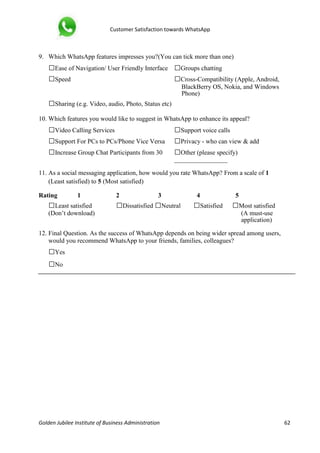 Customer Satisfaction towards WhatsApp
Golden Jubilee Institute of Business Administration 62
9. Which WhatsApp features impresses you?(You can tick more than one)
□Ease of Navigation/ User Friendly Interface □Groups chatting
□Speed □Cross-Compatibility (Apple, Android,
BlackBerry OS, Nokia, and Windows
Phone)
□Sharing (e.g. Video, audio, Photo, Status etc)
10. Which features you would like to suggest in WhatsApp to enhance its appeal?
□Video Calling Services □Support voice calls
□Support For PCs to PCs/Phone Vice Versa □Privacy - who can view & add
□Increase Group Chat Participants from 30 □Other (please specify)
__________________
11. As a social messaging application, how would you rate WhatsApp? From a scale of 1
(Least satisfied) to 5 (Most satisfied)
Rating 1 2 3 4 5
□Least satisfied □Dissatisfied □Neutral □Satisfied □Most satisfied
(Don’t download) (A must-use
application)
12. Final Question. As the success of WhatsApp depends on being wider spread among users,
would you recommend WhatsApp to your friends, families, colleagues?
□Yes
□No
 