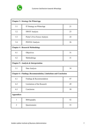 Customer Satisfaction towards WhatsApp
Golden Jubilee Institute of Business Administration 7
Chapter 3 : Strategy On WhatsApp
3.1 IT Strategy on WhatsApp 21
3.2 SWOT Analysis 23
3.3 Porter’s Five Forces Analysis 24
3.4 PESTLE Analysis 26
Chapter 4 : Research Methodology
4.1 Objectives 31
4.2 Methodology 31
Chapter 5 : Analysis & Interpretation
5.1 Data Analysis 34
Chapter 6 : Findings, Recommendation, Limitations and Conclusion
6.1 Findings & Recommendation 47
6.2 Limitations of the Research 49
6.3 Conclusion 50
Appendices
1 Bibliography 52
2 Questionnaire 53
 