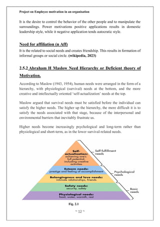 Project on Employee motivation in an organisation
~ 12 ~
It is the desire to control the behavior of the other people and to manipulate the
surroundings. Power motivations positive applications results in domestic
leadership style, while it negative application tends autocratic style.
Need for affiliation (n Aff)
It is the related to social needs and creates friendship. This results in formation of
informal groups or social circle. (wikipedia, 2023)
2.5.2 Abraham H Maslow Need Hierarchy or Deficient theory of
Motivation.
According to Maslow (1943, 1954), human needs were arranged in the form of a
hierarchy, with physiological (survival) needs at the bottom, and the more
creative and intellectually oriented ‘self-actualization’ needs at the top.
Maslow argued that survival needs must be satisfied before the individual can
satisfy the higher needs. The higher up the hierarchy, the more difficult it is to
satisfy the needs associated with that stage, because of the interpersonal and
environmental barriers that inevitably frustrate us.
Higher needs become increasingly psychological and long-term rather than
physiological and short-term, as in the lower survival-related needs.
Fig. 2.1
 