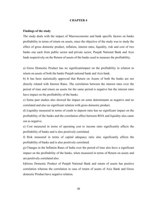 36
CHAPTER 4
Findings of the study
The study deals with the impact of Macroeconomic and bank specific factors on banks
profitability in terms of return on assets, since the objective of the study was to study the
effect of gross domestic product, inflation, interest rates, liquidity, risk and cost of two
banks one each from public sector and private sector, Punjab National Bank and Axis
bank respectively on the Return of assets of the banks used to measure the profitability.
a) Gross Domestic Product has no significantimpact on the profitability in relation to
return on assets of both the banks Punjab national bank and Axis bank.
b) It has been statistically approved that Return on Assets of both the banks are not
directly related with Interest Rates. The correlation between the interest rates over the
period of time and return on assets for the same period is negative but the interest rates
have impact on the profitability of the banks.
c) Some past studies also showed the impact on some determinants as negative and no
correlated and also no significant relation with gross domestic product.
d) Liquidity measured in terms of credit to deposit ratio has no significant impact on the
profitability of the banks and the correlation effect between ROA and liquidity also came
out as negative.
e) Cost measured in terms of operating cost to income ratio significantly affects the
profitability of banks and is also positively correlated.
f) Risk measured in terms of capital adequacy ratio also significantly affects the
profitability of banks and is also positively correlated.
g) Changes in the Inflation Rates of India over the period of time also have a significant
impact on the profitability of the banks, when measured in terms of Return on assets and
are positively correlated also.
h)Gross Domestic Product of Punjab National Bank and return of assets has positive
correlation whereas the correlation in case of return of assets of Axis Bank and Gross
domestic Product have negative relation.
 