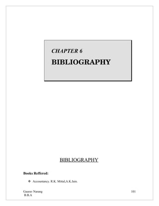 CHAPTER 6

                   BIBLIOGRAPHY




                          BIBLIOGRAPHY

Books Reffered:

    Accountancy. R.K. Mittal,A.K.Jain.


Gaurav Narang                             101
B.B.A
 