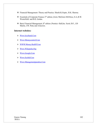  Financial Management- Theory and Practice. Shashi.K.Gupta , R.K. Sharma.

    Essentials of Corporate Finance 2nd edition ,Irwin /McGraw-Hill.Ross, S.A.,R.W.
     Westerfield and B.D. Jordan.

    Basic Financial Management ,8th edition ,Prentice -Hall,Inc. Scott, D.F., J.D
     Martin, J.W. Petty and A.Keown.

Internet websites:

    Www.Icicibank.Com

    Www.Moneycontrol.Com

    WWW.Money.Rediff.Com

    Www.Wikipedia.Org

    Www.Google.Com

    Www.Scribd.Com

    Www.Managementparadise.Com




Gaurav Narang                                                                        102
B.B.A
 