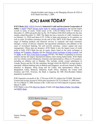 Chanda Kochhar took charge as the Managing Director & CEO of
                      ICICI Bank from May 1, 2009.


                    ICICI BANK TODAY
ICICI Bank (BSE: ICICI) (formerly Industrial Credit and Investment Corporation of
India) is India's largest private sector bank by market capitalisation and second largest
overall in terms of assets. Trotal assets of Rs. 3,562.28 billion (US$ 77 billion) at
December 31, 2009 and profit after tax Rs. 30.19 billion (US$ 648.8 million) for the nine
months ended December 31, 2009. The Bank also has a network of 1,640+ branches (as
on February 11, 2010) and about 4,721 ATMs in India and presence in 18 countries, as
well as some 24 million customers (at the end of July 2007). ICICI Bank offers a wide
range of banking products and financial services to corporate and retail customers
through a variety of delivery channels and specialised subsidiaries and affiliates in the
areas of investment banking, life and non-life insurance, venture capital and asset
management. (These data are dynamic.) ICICI Bank is also the largest issuer of credit
cards in India. ICICI Bank has got its equity shares listed on the stock exchanges at
Kolkata and Vadodara, Mumbai and the National Stock Exchange of India Limited, and
its ADRs on the New York Stock Exchange (NYSE). The Bank is expanding in overseas
markets and has the largest international balance sheet among Indian banks. ICICI Bank
now has wholly-owned subsidiaries, branches and representatives offices in 18 countries,
including an offshore unit in Mumbai. This includes wholly owned subsidiaries in
Canada, Russia and the UK (the subsidiary through which the HiSAVE savings brand is
operated), offshore banking units in Bahrain and Singapore, an advisory branch in Dubai,
branches in Belgium, Hong Kong and Sri Lanka, and representative offices in
Bangladesh, China, Malaysia, Indonesia, South Africa, Thailand, the United Arab
Emirates and USA. Overseas, the Bank is targeting the NRI (Non-Resident Indian)
population in particular.

ICICI reported a net profit of Rs. 3,758 crore (US$ 741 million) for FY2009. The bank's
Current and savings account (CASA) ratio increased to 28.7% at March 31, 2009 from
26.1% at March 31, 2008. Increase of Rs. 5,286 crore in CASA deposits in quarter ended
March 31,2009.
ICICI Bank is one of the Big Four Banks of India with State Bank of India, Axis Bank
and HDFC Bank



                   ICICI Bank Group




Gaurav Narang                                                                         27
B.B.A
 