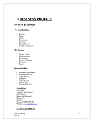 BUSINESS PROFILE
Products & Services

 Personal Banking

   •   Deposits
   •   Loans
   •   Cards
   •   Investments
   •   Insurance
   •   Demat Services
   •   Wealth Management

NRI Banking

   •   Money Transfer
   •   Bank Accounts
   •   Investments
   •   Property Solutions
   •   Insurance
   •   Loans

Business Banking

   •   Corporate Net Banking
   •   Cash Management
   •   Trade Services
   •   FXOnline
   •   SME Services
   •   Online Taxes
   •   Custodial Services

   Head Office
   ICICI Bank
   9th Floor, South Towers
   ICICI Towers
   Bandra Kurla Complex
   Bandra (E)
   Mumbai.
   Phone: 91-022-653 7914
   Website: www.icicibank.com

   Capital structure
Gaurav Narang                   28
B.B.A
 