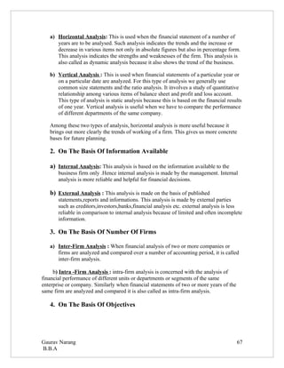 a) Horizontal Analysis: This is used when the financial statement of a number of
      years are to be analysed. Such analysis indicates the trends and the increase or
      decrease in various items not only in absolute figures but also in percentage form.
      This analysis indicates the strengths and weaknesses of the firm. This analysis is
      also called as dynamic analysis because it also shows the trend of the business.

   b) Vertical Analysis : This is used when financial statements of a particular year or
      on a particular date are analyzed. For this type of analysis we generally use
      common size statements and the ratio analysis. It involves a study of quantitative
      relationship among various items of balance sheet and profit and loss account.
      This type of analysis is static analysis because this is based on the financial results
      of one year. Vertical analysis is useful when we have to compare the performance
      of different departments of the same company.

   Among these two types of analysis, horizontal analysis is more useful because it
   brings out more clearly the trends of working of a firm. This gives us more concrete
   bases for future planning.

   2. On The Basis Of Information Available

   a) Internal Analysis: This analysis is based on the information available to the
       business firm only .Hence internal analysis is made by the management. Internal
       analysis is more reliable and helpful for financial decisions.

   b) External Analysis : This analysis is made on the basis of published
       statements,reports and informations. This analysis is made by external parties
       such as creditors,investors,banks,financial analysis etc. external analysis is less
       reliable in comparison to internal analysis because of limited and often incomplete
       information.

   3. On The Basis Of Number Of Firms

   a) Inter-Firm Analysis : When financial analysis of two or more companies or
      firms are analyzed and compared over a number of accounting period, it is called
      inter-firm analysis.

     b) Intra -Firm Analysis : intra-firm analysis is concerned with the analysis of
financial performance of different units or departments or segments of the same
enterprise or company. Similarly when financial statements of two or more years of the
same firm are analyzed and compared it is also called as intra-firm analysis.

   4. On The Basis Of Objectives




Gaurav Narang                                                                             67
B.B.A
 