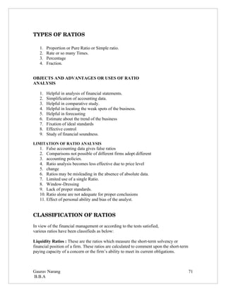 TYPES OF RATIOS

   1.   Proportion or Pure Ratio or Simple ratio.
   2.   Rate or so many Times.
   3.   Percentage
   4.   Fraction.


OBJECTS AND ADVANTAGES OR USES OF RATIO
ANALYSIS

   1.   Helpful in analysis of financial statements.
   2.   Simplification of accounting data.
   3.   Helpful in comparative study.
   4.   Helpful in locating the weak spots of the business.
   5.   Helpful in forecasting
   6.   Estimate about the trend of the business
   7.   Fixation of ideal standards
   8.   Effective control
   9.   Study of financial soundness.

LIMITATION OF RATIO ANALYSIS
   1. False accounting data gives false ratios
   2. Comparisons not possible of different firms adopt different
   3. accounting policies.
   4. Ratio analysis becomes less effective due to price level
   5. change
   6. Ratios may be misleading in the absence of absolute data.
   7. Limited use of a single Ratio.
   8. Window-Dressing
   9. Lack of proper standards.
   10. Ratio alone are not adequate for proper conclusions
   11. Effect of personal ability and bias of the analyst.


CLASSIFICATION OF RATIOS

In view of the financial management or according to the tests satisfied,
various ratios have been classifieds as below:

Liquidity Ratios : These are the ratios which measure the short-term solvency or
financial position of a firm. These ratios are calculated to comment upon the short-term
paying capacity of a concern or the firm’s ability to meet its current obligations.



Gaurav Narang                                                                              71
B.B.A
 