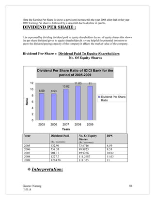 Here the Earning Per Share is shows a persistent increase till the year 2008 after that in the year
2009 Earning Per share is followed by a downfall due to decline in profits.
DIVIDEND PER SHARE :

It is expressed by dividing dividend paid to equity shareholders by no. of equity shares.this shows
the per share dividend given to equity shareholders.It is very helpful for potential investors to
know the dividend paying capacity of the company.It affects the market value of the company.


Dividend Per Share =  Dividend Paid To Equity Shareholders
                                                     No. Of Equity Shares



               Dividend Per Share Ratio of ICICI Bank for the
                            period of 2005-2009

          12                                   11.03          11
                                     10.02
          10
                8.59      8.53
           8                                                            Dividend Per Share
  Ratio




                                                                        Ratio
           6

           4

           2

           0
               2005      2006         2007      2008        2009
                                     Years

 Year                     Dividend Paid             No. Of Equity             DPS
                                                    Shares
                          (Rs. In crores)           (Rs. In crores)
 2005                     632.96                    73.6716                   8.59
 2006                     759.33                    88.9823                   8.53
 2007                     901.17                    89.9266                   10.02
 2008                     1227.7                    111.2687                  11.03
 2009                     1224.58                   111.325                   11


      
      Interpretation:
                     



Gaurav Narang                                                                                     84
B.B.A
 
