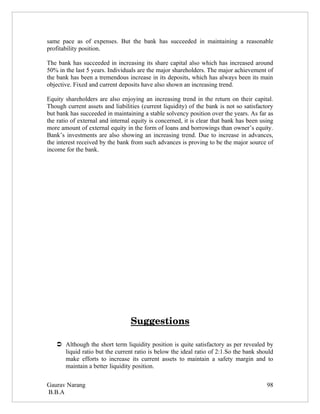 same pace as of expenses. But the bank has succeeded in maintaining a reasonable
profitability position.

The bank has succeeded in increasing its share capital also which has increased around
50% in the last 5 years. Individuals are the major shareholders. The major achievement of
the bank has been a tremendous increase in its deposits, which has always been its main
objective. Fixed and current deposits have also shown an increasing trend.

Equity shareholders are also enjoying an increasing trend in the return on their capital.
Though current assets and liabilities (current liquidity) of the bank is not so satisfactory
but bank has succeeded in maintaining a stable solvency position over the years. As far as
the ratio of external and internal equity is concerned, it is clear that bank has been using
more amount of external equity in the form of loans and borrowings than owner’s equity.
Bank’s investments are also showing an increasing trend. Due to increase in advances,
the interest received by the bank from such advances is proving to be the major source of
income for the bank.




                                  Suggestions

    Although the short term liquidity position is quite satisfactory as per revealed by
     liquid ratio but the current ratio is below the ideal ratio of 2:1.So the bank should
     make efforts to increase its current assets to maintain a safety margin and to
     maintain a better liquidity position.


Gaurav Narang                                                                            98
B.B.A
 
