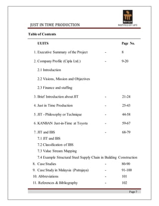 JUST IN TIME PRODUCTION
Table of Contents
UUITS Page No.
1. Executive Summary of the Project - 8
2. Company Profile (Cipla...
