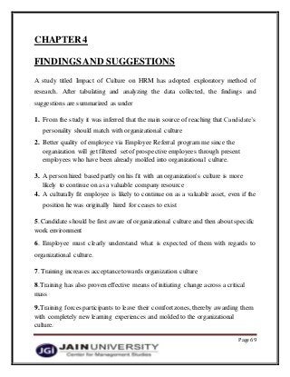 Page 69
CHAPTER 4
FINDINGSAND SUGGESTIONS
A study titled Impact of Culture on HRM has adopted exploratory method of
research. After tabulating and analyzing the data collected, the findings and
suggestions are summarized as under
1. From the study it was inferred that the main source of reaching that Candidate’s
personality should match with organizational culture
2. Better quality of employee via Employee Referral program me since the
organization will get filtered set of prospective employees through present
employees who have been already molded into organizational culture.
3. A person hired based partly on his fit with an organization's culture is more
likely to continue on as a valuable company resource
4. A culturally fit employee is likely to continue on as a valuable asset, even if the
position he was originally hired for ceases to exist
5. Candidate should be first aware of organizational culture and then about specific
work environment
6. Employee must clearly understand what is expected of them with regards to
organizational culture.
7. Training increases acceptancetowards organization culture
8.Training has also proven effective means of initiating change across a critical
mass
9.Training forces participants to leave their comfortzones, thereby awarding them
with completely new learning experiences and molded to the organizational
culture.
 