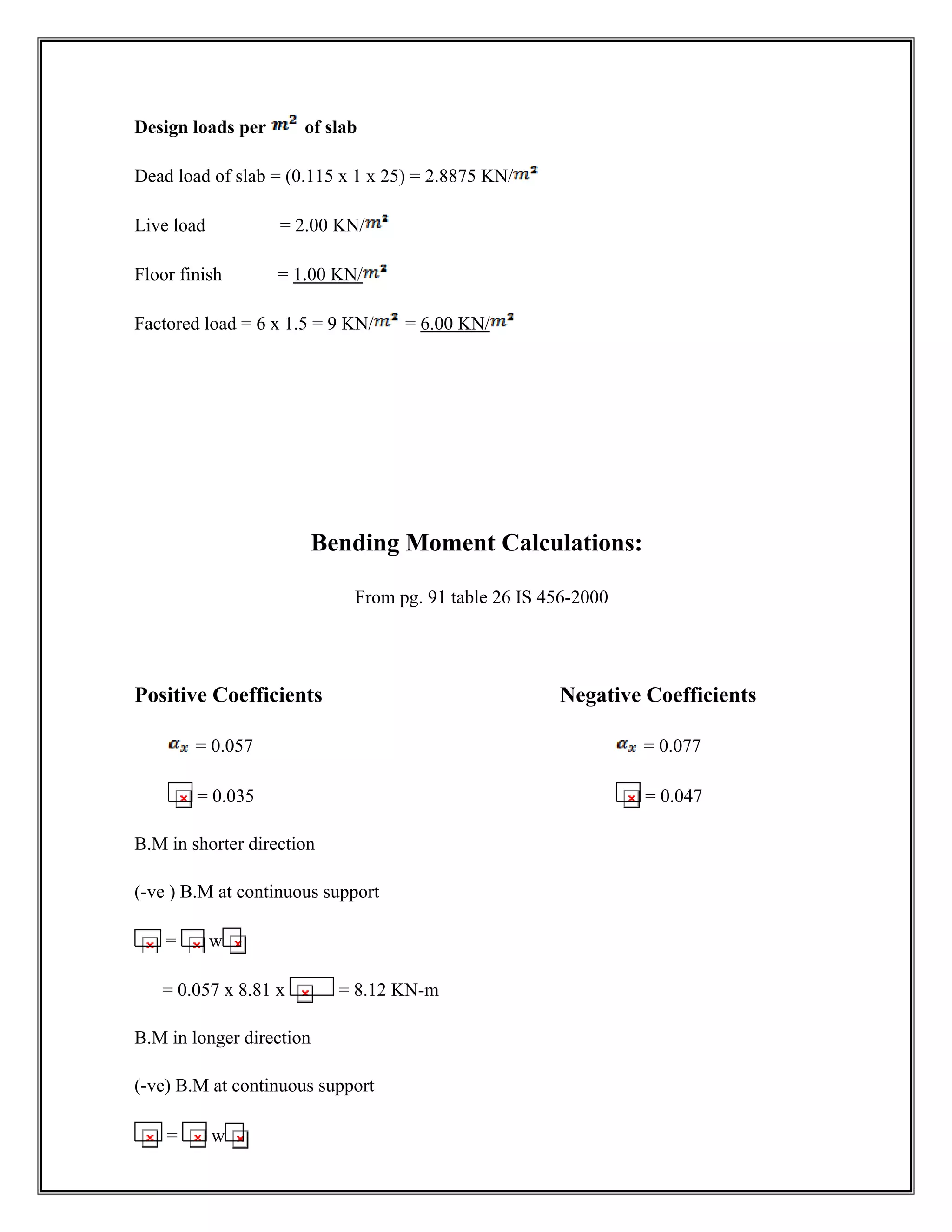 Design loads per of slab
Dead load of slab = (0.115 x 1 x 25) = 2.8875 KN/
Live load = 2.00 KN/
Floor finish = 1.00 KN/
Factored load = 6 x 1.5 = 9 KN/ = 6.00 KN/
Bending Moment Calculations:
From pg. 91 table 26 IS 456-2000
Positive Coefficients Negative Coefficients
= 0.057 = 0.077
= 0.035 = 0.047
B.M in shorter direction
(-ve ) B.M at continuous support
= w
= 0.057 x 8.81 x = 8.12 KN-m
B.M in longer direction
(-ve) B.M at continuous support
= w
 