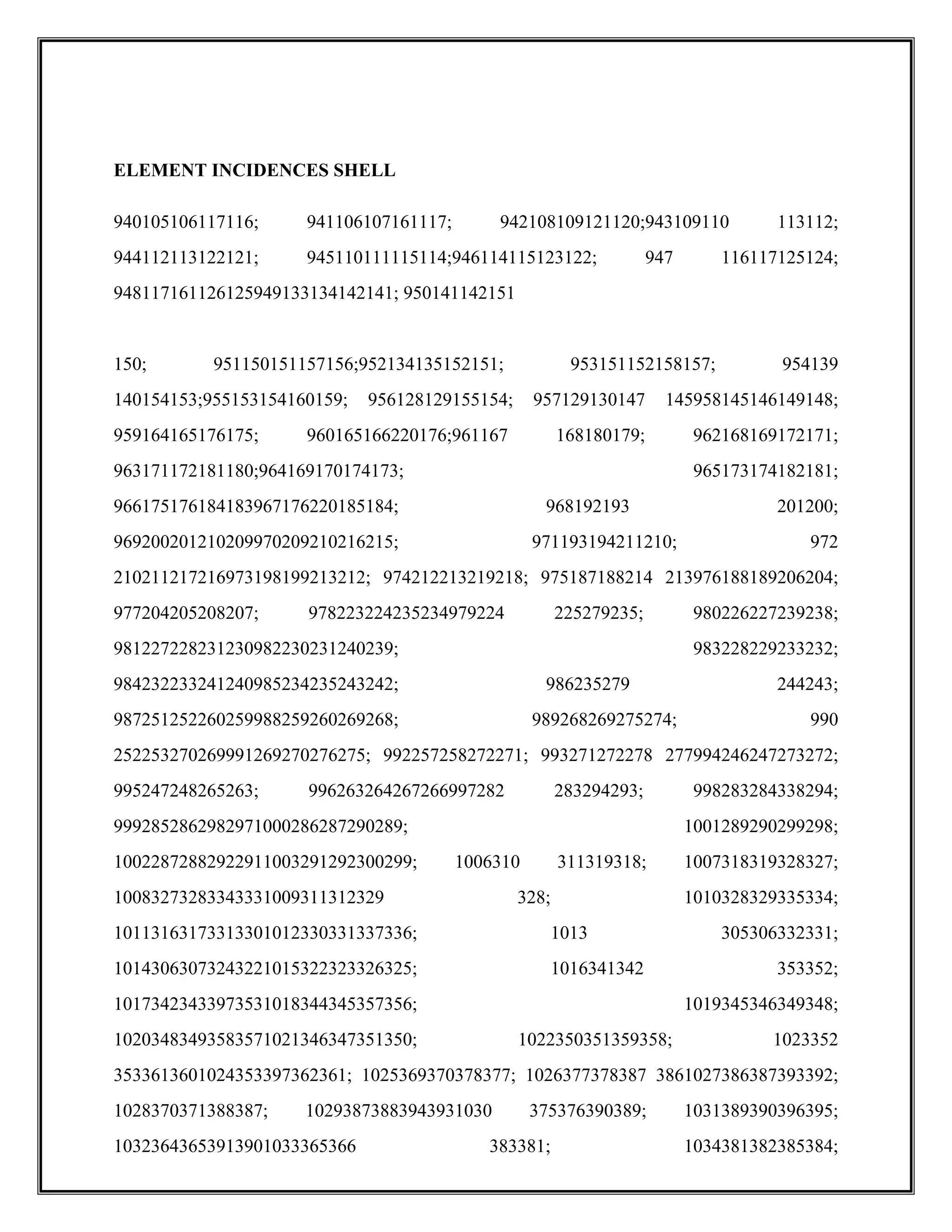 ELEMENT INCIDENCES SHELL
940105106117116; 941106107161117; 942108109121120;943109110 113112;
944112113122121; 945110111115114;946114115123122; 947 116117125124;
948117161126125949133134142141; 950141142151
150; 951150151157156;952134135152151; 953151152158157; 954139
140154153;955153154160159; 956128129155154; 957129130147 145958145146149148;
959164165176175; 960165166220176;961167 168180179; 962168169172171;
963171172181180;964169170174173; 965173174182181;
966175176184183967176220185184; 968192193 201200;
969200201210209970209210216215; 971193194211210; 972
210211217216973198199213212; 974212213219218; 975187188214 213976188189206204;
977204205208207; 978223224235234979224 225279235; 980226227239238;
981227228231230982230231240239; 983228229233232;
984232233241240985234235243242; 986235279 244243;
987251252260259988259260269268; 989268269275274; 990
252253270269991269270276275; 992257258272271; 993271272278 277994246247273272;
995247248265263; 996263264267266997282 283294293; 998283284338294;
9992852862982971000286287290289; 1001289290299298;
10022872882922911003291292300299; 1006310 311319318; 1007318319328327;
10083273283343331009311312329 328; 1010328329335334;
10113163173313301012330331337336; 1013 305306332331;
10143063073243221015322323326325; 1016341342 353352;
10173423433973531018344345357356; 1019345346349348;
10203483493583571021346347351350; 1022350351359358; 1023352
3533613601024353397362361; 1025369370378377; 1026377378387 3861027386387393392;
1028370371388387; 10293873883943931030 375376390389; 1031389390396395;
10323643653913901033365366 383381; 1034381382385384;
 