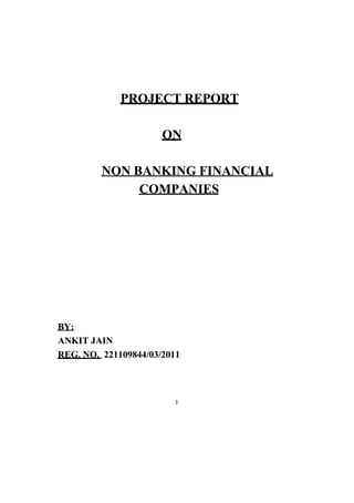 1
1
PROJECT REPORT
PROJECT REPORT
ON
ON
NON BANKING FINANCIAL
NON BANKING FINANCIAL
COMPANIES
COMPANIES
BY:
BY:
ANKIT JAIN
ANKIT JAIN
REG.
REG. NO.
NO. 221109844/03/2011
221109844/03/2011
 