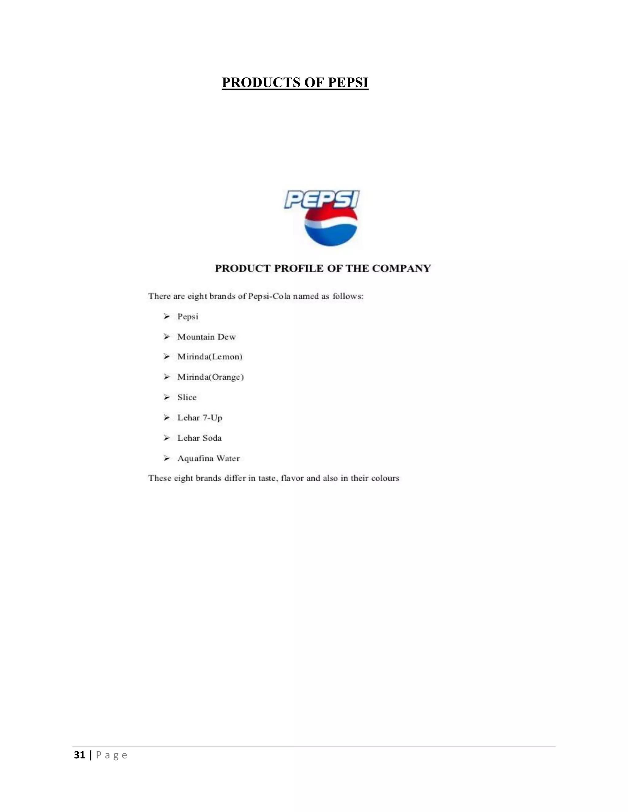 31 | P a g e
PRODUCTS OF PEPSI
 