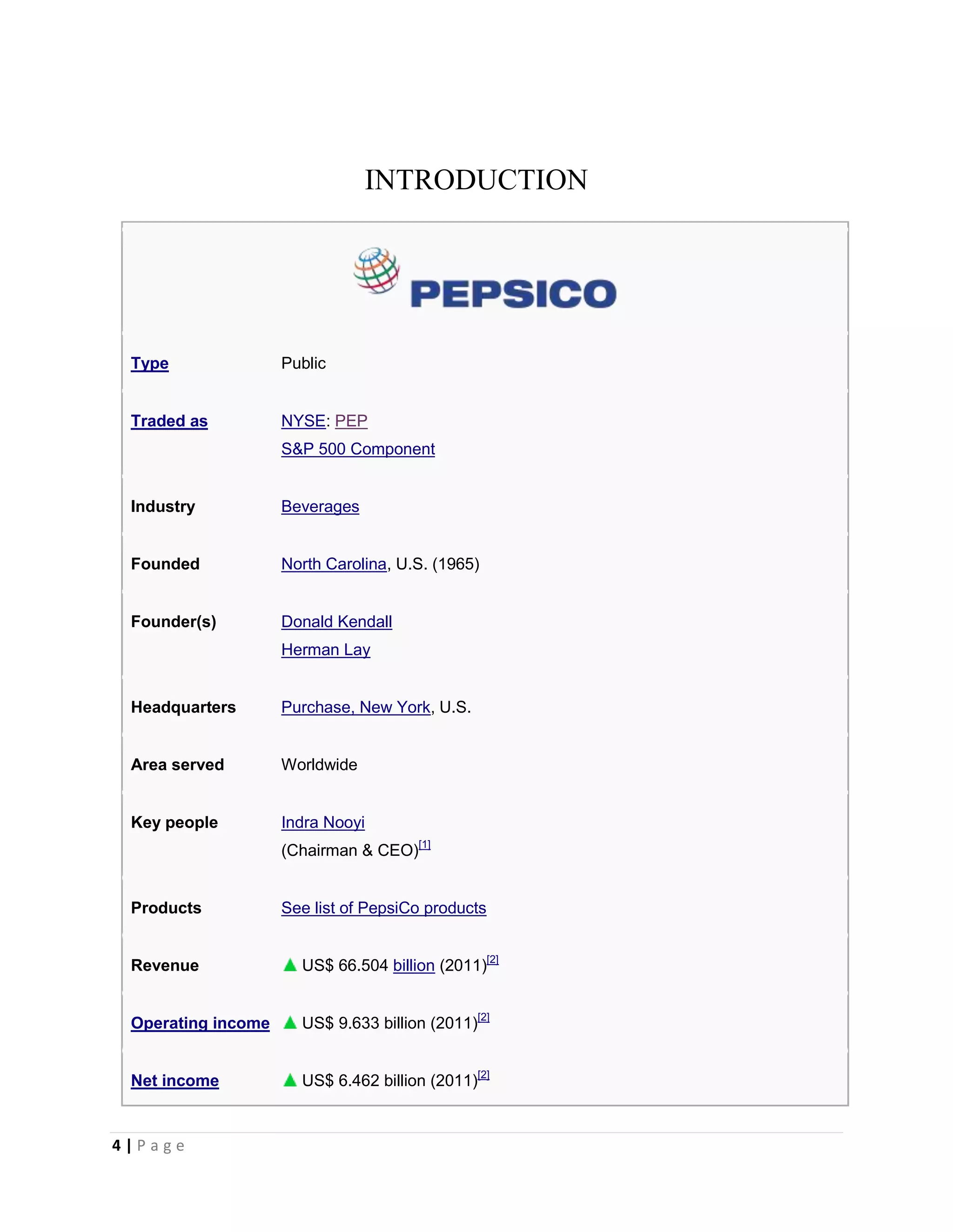 4 | P a g e
INTRODUCTION
Type Public
Traded as NYSE: PEP
S&P 500 Component
Industry Beverages
Founded North Carolina, U.S. (1965)
Founder(s) Donald Kendall
Herman Lay
Headquarters Purchase, New York, U.S.
Area served Worldwide
Key people Indra Nooyi
(Chairman & CEO)[1]
Products See list of PepsiCo products
Revenue US$ 66.504 billion (2011)[2]
Operating income US$ 9.633 billion (2011)[2]
Net income US$ 6.462 billion (2011)[2]
 