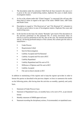 v. The description under the column(s) Table/Term & Sum Assured is the same as it
is given in the case of underwriting matters, duplicate file cases or death claims
investigation matters.
vi. As for as the column under title “Claim Category” is concerned; this cell may take
three kind of values in regard to the type of the claim: SMSB Claim, AIB Claim
and Death Claim.
vii. Description in regard to “File Received on” and “File Returned To” column(s) is
the same as given above in case of Investigation matters; Duplicate files cases and
underwriting cases.
viii. In the last but not the least, the column “Remarks” gets much of the description on
the activities performed on that particular file. It carries movement status on
activity to activity performed on the file, fate on the case, file returned description
and etc. On having profound analysis of this column; this column gets the notes as
stated below: -
▪ Under Process
▪ Requirements Called
▪ Sent for Reinvestigation
▪ Liability Accepted and File Returned
▪ Liability Accepted and File sent to RCC
▪ Liability Repudiated
▪ Liability Repudiated and File sent to P.O.
▪ Difference of Opinion and File sent to RCC
▪ Liability Accepted
▪ File sent to Zone to decide in ZCC
In addition to maintaining of this register and to keep the register up-to-date in order to
honour the queries as described in the previous chapter; we have to summarize the results
on the following points, after having done the activities on monthly, quarterly and yearly
basis.
1. Statement of Under Process Cases
2. Statement of Repudiated Cases, on monthly basis, to be sent to P.O., as per desired
format
3. Monthly statement of SMSB approved cases
4. Statement recording the disciplinary actions, if recommended, on repudiated cases
 