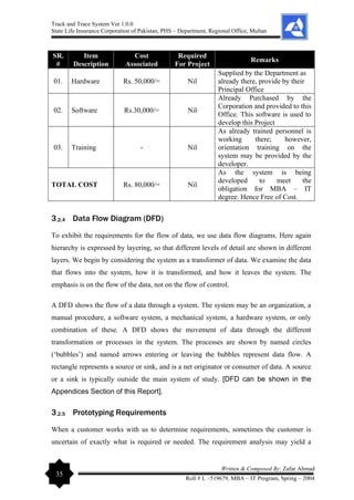 Track and Trace System Ver 1.0.0
State Life Insurance Corporation of Pakistan, PHS – Department, Regional Office, Multan
35
Written & Composed By: Zafar Ahmad
Roll # L –519679, MBA – IT Program, Spring – 2004
SR.
#
Item
Description
Cost
Associated
Required
For Project
Remarks
01. Hardware Rs. 50,000/= Nil
Supplied by the Department as
already there, provide by their
Principal Office
02. Software Rs.30,000/= Nil
Already Purchased by the
Corporation and provided to this
Office. This software is used to
develop this Project
03. Training - Nil
As already trained personnel is
working there; however,
orientation training on the
system may be provided by the
developer.
TOTAL COST Rs. 80,000/= Nil
As the system is being
developed to meet the
obligation for MBA – IT
degree. Hence Free of Cost.
3.2.4 Data Flow Diagram (DFD)
To exhibit the requirements for the flow of data, we use data flow diagrams. Here again
hierarchy is expressed by layering, so that different levels of detail are shown in different
layers. We begin by considering the system as a transformer of data. We examine the data
that flows into the system, how it is transformed, and how it leaves the system. The
emphasis is on the flow of the data, not on the flow of control.
A DFD shows the flow of a data through a system. The system may be an organization, a
manual procedure, a software system, a mechanical system, a hardware system, or only
combination of these. A DFD shows the movement of data through the different
transformation or processes in the system. The processes are shown by named circles
(‘bubbles’) and named arrows entering or leaving the bubbles represent data flow. A
rectangle represents a source or sink, and is a net originator or consumer of data. A source
or a sink is typically outside the main system of study. [DFD can be shown in the
Appendices Section of this Report].
3.2.5 Prototyping Requirements
When a customer works with us to determine requirements, sometimes the customer is
uncertain of exactly what is required or needed. The requirement analysis may yield a
 