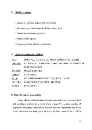 25
1) Child Psychology
Require a Homelike and colorful environment
Maximum use of safe materials (Plastic, timber etc)
Exterior environmental guidance
Simple interior spaces
Spaces motivating childrens imagination
1) ColorPsychologyfor Children
RED LOVE, ANGER, HUNGER, -OVER STIMULATING BABIES
ORANGE EXCITEMENT, HAPPINESS, COMFORT, -SOFTER TONES ARE
BEST FOR BABIES
YELLOW MAKES KIDS CRY
GREEN REFRESHING
BLUE PROMOTES BABIES REST, PEACEFUL, CALM
NEUTRAL GOOD NURSERY CHOICE, RELAXING
BLACK DEPRESSING
1) Other DesignConsiderations
As an educational instiotution it is very important to provide properlight
and ventilation systems in a room which is used by a certain number of
population. Designing a roomwhich does not meet this requirement may result
in the discomfort and inadequacy of proper facilities required for a child’s
 