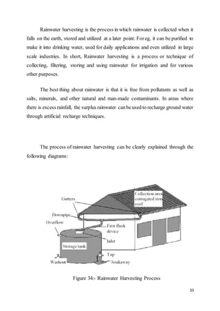33
Rainwater harvesting is the process in which rainwater is collected when it
falls on the earth, stored and utilized at a later point. Foreg, it can be purified to
make it into drinking water, used for daily applications and even utilized in large
scale industries. In short, Rainwater harvesting is a process or technique of
collecting, filtering, storing and using rainwater for irrigation and for various
other purposes.
The best thing about rainwater is that it is free from pollutants as well as
salts, minerals, and other natural and man-made contaminants. In areas where
there is excess rainfall, the surplus rainwater canbeused to recharge ground water
through artificial recharge techniques.
The process of rainwater harvesting can be clearly explained through the
following diagrams:
Figure 34:- Rainwater Harvesting Process
 