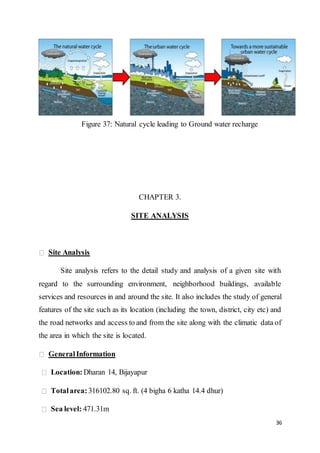 36
Figure 37: Natural cycle leading to Ground water recharge
CHAPTER 3.
SITE ANALYSIS
Site Analysis
Site analysis refers to the detail study and analysis of a given site with
regard to the surrounding environment, neighborhood buildings, available
services and resources in and around the site. It also includes the study of general
features of the site such as its location (including the town, district, city etc) and
the road networks and access to and from the site along with the climatic data of
the area in which the site is located.
GeneralInformation
Location: Dharan 14, Bijayapur
Totalarea: 316102.80 sq. ft. (4 bigha 6 katha 14.4 dhur)
Sea level: 471.31m
 