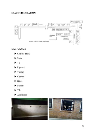 46
SPACE CIRCULATION
Materials Used
 Chinese brick
 Metal
 Tin
 Plywood
 Timber
 Cement
 Glass
 Marble
 Tile
 Aluminium
 