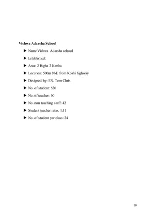 50
Vishwa Adarsha School
 Name:Vishwa Adarsha school
 Established:
 Area: 2 Bigha 2 Kattha
 Location: 500m N-E from Koshi highway
 Designed by: ER. Tom Chris
 No. of student: 620
 No. of teacher: 60
 No. non teaching staff: 42
 Student teacher ratio: 1:11
 No. of student per class: 24
 