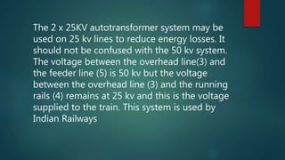 The 2 x 25KV autotransformer system may be
used on 25 kv lines to reduce energy losses. It
should not be confused with the 50 kv system.
The voltage between the overhead line(3) and
the feeder line (5) is 50 kv but the voltage
between the overhead line (3) and the running
rails (4) remains at 25 kv and this is the voltage
supplied to the train. This system is used by
Indian Railways
 