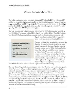 Agri Warehousing Sector in India



                           Current Scenario: Market Size


The Indian warehousing sector is poised to become a $55 billion by 2010-11 with around 45
million sq ft warehousing space expected to be developed in the country in next five years
supplemented by around 110 logistics parks. Warehousing activities account for about 26 per
cent of the total Indian logistics industry and offer tremendous growth potential. The sector
growing at the rate of 35-40 per cent every year.

The total logistic cost in India is estimated to be 14% of the GDP which translate into slightly
over 140billion if we assume India’s GDP is slightly over 1trillion dollors. Out of this logistics
cost almost 98.7% by unorgnised sector such as small warehouse operator, transporter and
                                              slightly more than more than 1.5% by organised
                                              sector which accounts approximately 2 billion.

                                              The entry of global third party logistics players is fast
      Warehousing sector expected t o
                                              changing the model of logistics model in the country
      be $55bn by 2011.
                                              to more of a strategic function. Changing business
     Sector growing at the rate of 35-        dynamics and the entry of global third party logistics
     40%.                                     players has led to the remodeling of the logistics
                                              services in India. "From a mere combination of
     45Mn Sq.ft warehousing space
     to be developed in next five             transportation and storage services, logistics is fast
     years.                                   emerging as a strategic function that involves end-to-
                                              end solutions that improve efficiencies. Around 45
                                              million sq ft warehousing space is expected to be
                                              developed by various logistics companies which
would further boost real estate activities in key locations across the country.

The total share of organised warehousing space is less than 8% of the total warehousing space in
India. The industry is fragmented and largely un-organised and is dominated by small players
with small capacities. The warehousing sector is also expected to positively impact on many
global manufacturing majors wanting to make India a hub for skill intensive manufacturing
given the abundant supply of well qualified engineers. Given the current shortage of quality
warehousing space, rentals in some locations closer to the city have touched as high at Rs. 30 per
sft per month. Organised retail in India grew from $16.99 billion in 2006-07 to $25.44 billion in
2007-08, a growth of 49.7 per cent with a potential to touch $45 billion by 2010. A number of
warehousing companies have been steadily increasing their capacities over the last two years
thanks to the retail boom across the country.

10 | P a g e
 