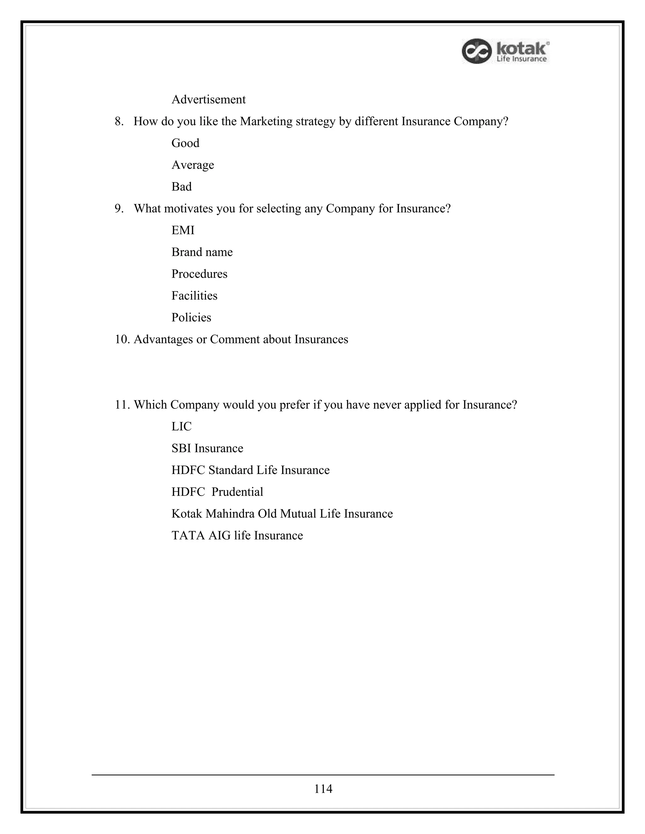 Advertisement
8. How do you like the Marketing strategy by different Insurance Company?
          Good
          Average
          Bad
9. What motivates you for selecting any Company for Insurance?
          EMI
          Brand name
          Procedures
          Facilities
          Policies
10. Advantages or Comment about Insurances




11. Which Company would you prefer if you have never applied for Insurance?
          LIC
          SBI Insurance
          HDFC Standard Life Insurance
          HDFC Prudential
          Kotak Mahindra Old Mutual Life Insurance
          TATA AIG life Insurance




                                     114
 