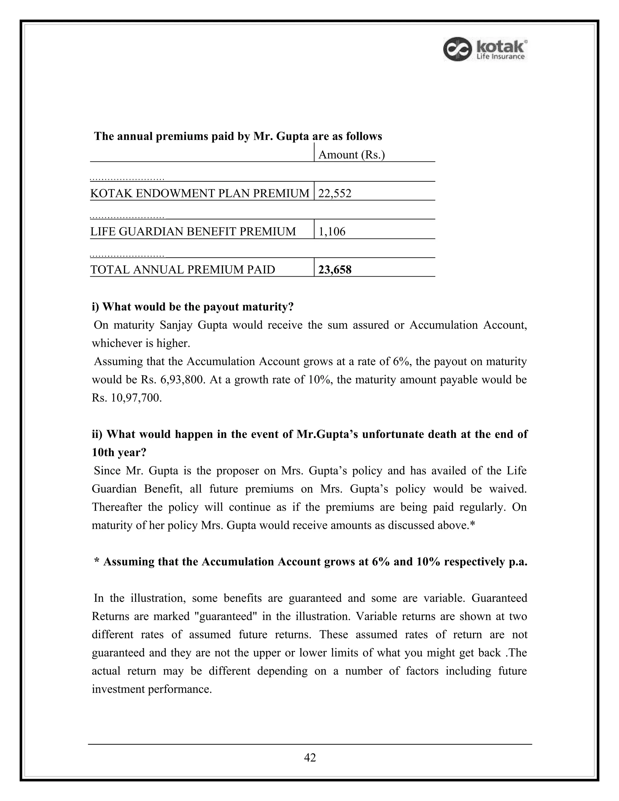The annual premiums paid by Mr. Gupta are as follows
                                              Amount (Rs.)


KOTAK ENDOWMENT PLAN PREMIUM 22,552


LIFE GUARDIAN BENEFIT PREMIUM                 1,106


TOTAL ANNUAL PREMIUM PAID                     23,658


i) What would be the payout maturity?
 On maturity Sanjay Gupta would receive the sum assured or Accumulation Account,
whichever is higher.
 Assuming that the Accumulation Account grows at a rate of 6%, the payout on maturity
would be Rs. 6,93,800. At a growth rate of 10%, the maturity amount payable would be
Rs. 10,97,700.


ii) What would happen in the event of Mr.Gupta’s unfortunate death at the end of
10th year?
 Since Mr. Gupta is the proposer on Mrs. Gupta’s policy and has availed of the Life
Guardian Benefit, all future premiums on Mrs. Gupta’s policy would be waived.
Thereafter the policy will continue as if the premiums are being paid regularly. On
maturity of her policy Mrs. Gupta would receive amounts as discussed above.*


* Assuming that the Accumulation Account grows at 6% and 10% respectively p.a.


 In the illustration, some benefits are guaranteed and some are variable. Guaranteed
Returns are marked "guaranteed" in the illustration. Variable returns are shown at two
different rates of assumed future returns. These assumed rates of return are not
guaranteed and they are not the upper or lower limits of what you might get back .The
actual return may be different depending on a number of factors including future
investment performance.




                                         42
 